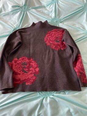 Rachel Zoe Brown Mock Neck Sweater with Red Floral Intarsia